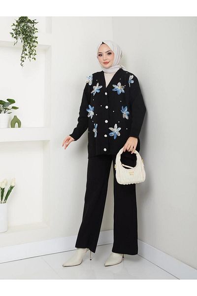 moda periy Women's Floral Cardigan Trousers Double Hijab Knitwear Suit Hijab Combination