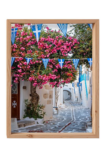 Paros'ta bir Yunan köyünde yaz Ahşap Tablo Çerçeveli Tatil Gezi Hediyelik Ev Ofis  Duvar Dekoratif