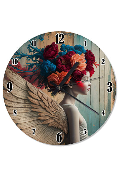 karizmart ساعة حائط مطبوعة على شكل امرأة مجنحة وزهور