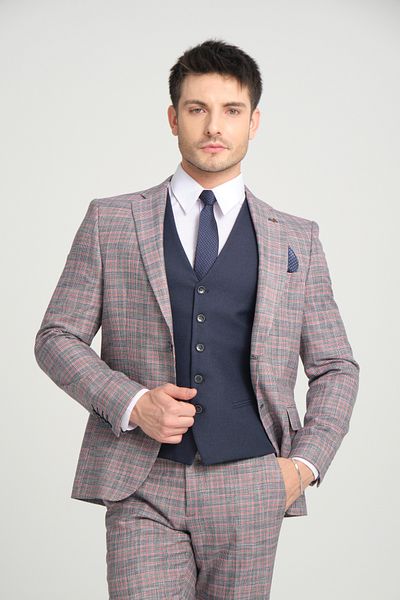 Frappoli Slim Fit Grey-Burgundy Plaid Plaids Plain Mono Neck Double Slit Lined Suit Dress