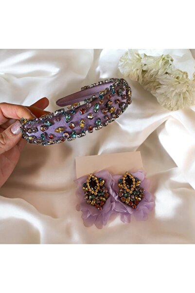 Handmade Lila taç ve küpe takımı