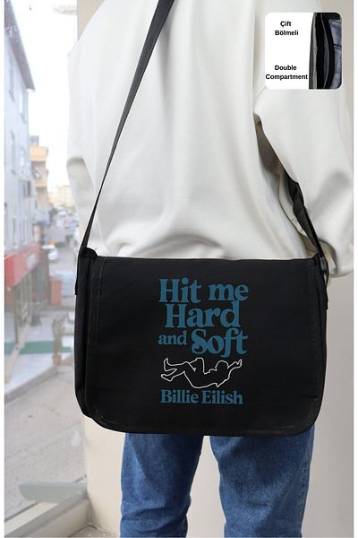 Fuddy Moda Geantă Messenger Hit Me Hard And Soft Written, Geantă de umăr unisex Billie Eilish imprimată