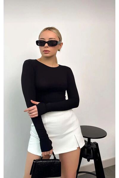 Genel Markalar Kadın Siyah Bisiklet Yaka Parmak Geçmeli Body PREMİUM kumaş ka...