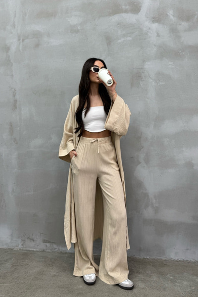 msm fashion Seersucker Women's Kimono Set with Slit Detail