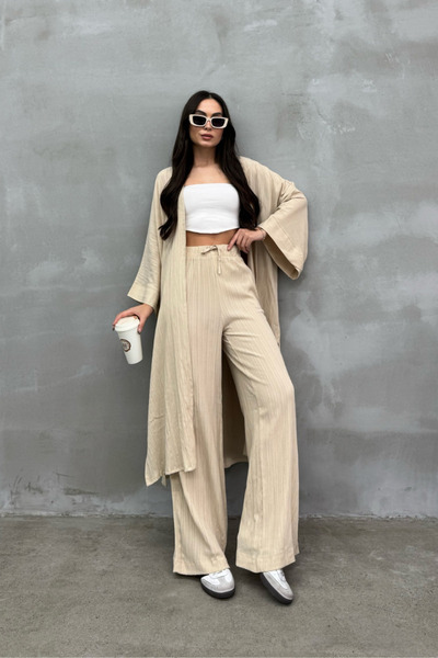 msm fashion Seersucker Women's Kimono Set with Slit Detail