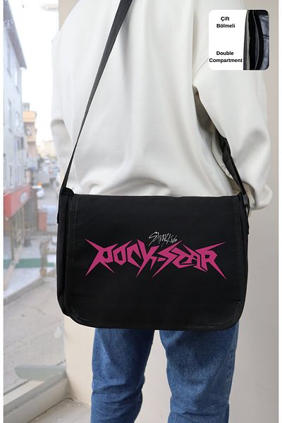 Fuddy Moda Geantă Straykids Rockstar Written Messenger, geantă de umăr unisex cu imprimeu K Pop