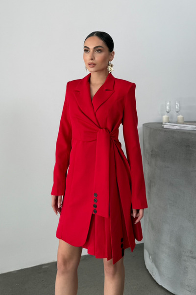 msm fashion Жіноча сукня міні елегантна з довгим рукавом з поясом двобортний комір плісирований піджак сукня з плісированим коміром