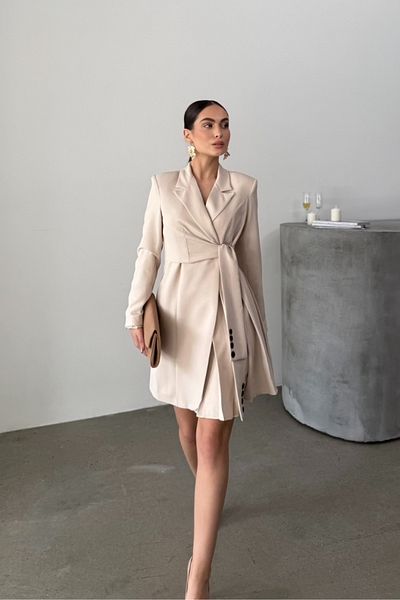 msm fashion Γυναικείο φόρεμα Μίνι κομψό μακρυμάνικο φόρεμα με διπλό στήθος με πλισέ παλτό