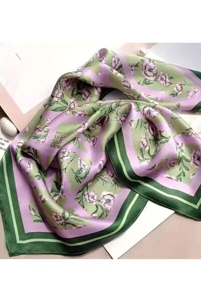 Dgt Luxury Πράσινο μωβ λουλούδι με στάμπα σατέν μαντήλι σε στυλ Bohemian - Εισαγόμενο μετάξι, τετράγωνο 70x70