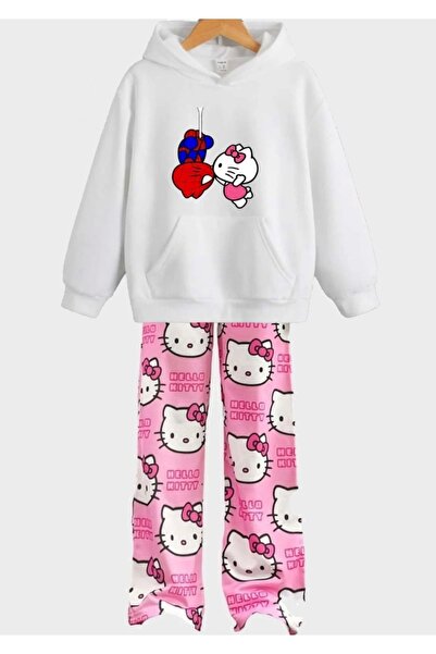 Violon Yk2 Hello Kitty Spider-man Love Unisex Λευκό και ροζ φούτερ και σετ φο...