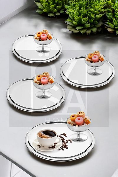 ÖzSa Home 4-Person Presentation Set Steel 21cm Round Tea Coffee Serving Presentation Tray and Turkish Delight Bowl Ice Cream