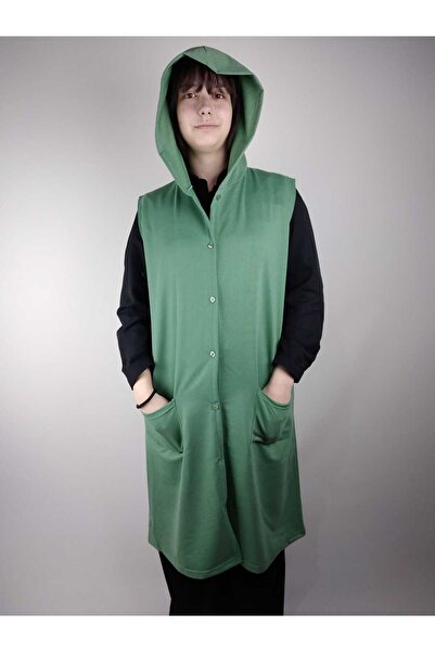 YAŞAR TRİKO Жіночий зелений капюшон з ґудзиками, без рукавів, з кишенями, двоколірний довгий жилет