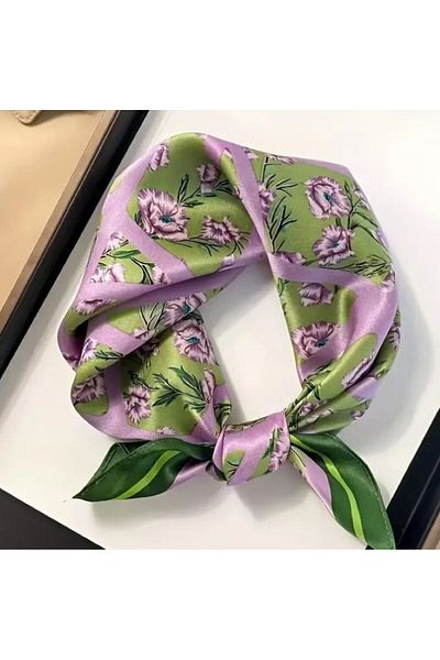 Dgt Luxury Eșarfă din satin în stil boem cu imprimeu floral violet verde - mătase importată, pătrată 70x70