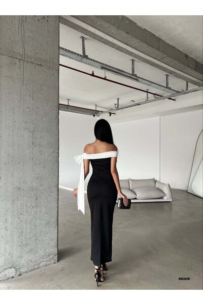 WoolnClyde Dámské černé večerní šaty s mašlí bez ramínek s dvojitým barevným maxi šatem