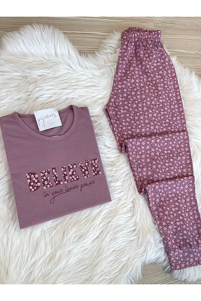 Pijamacs Set de pijamale tricotate cu mâneci scurte din bumbac cu model de flori crocante liliac