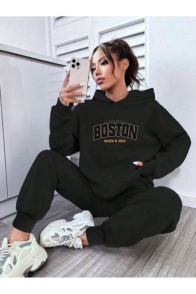 PALPİTO Γυναικείο Σετ Jogger Hoodie Oversize με κουκούλα Boston με στάμπα