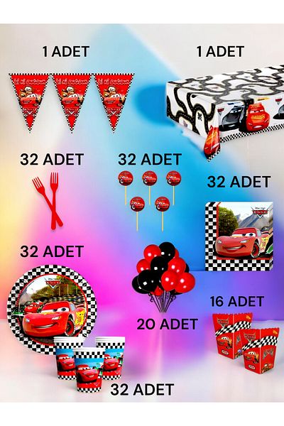 VibeHome 32 Person Cars Themed XL Pack - Birthday Party and Fun Events