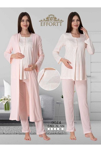 Maison Mila Maternity Pyjama Set with Effortt Shawl Patterned Long Dressing Gown