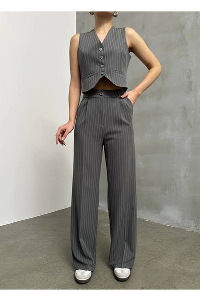Asfa Moda Women's Anthracite Striped Sleeveless Vest Palazzo Pants Double Set
