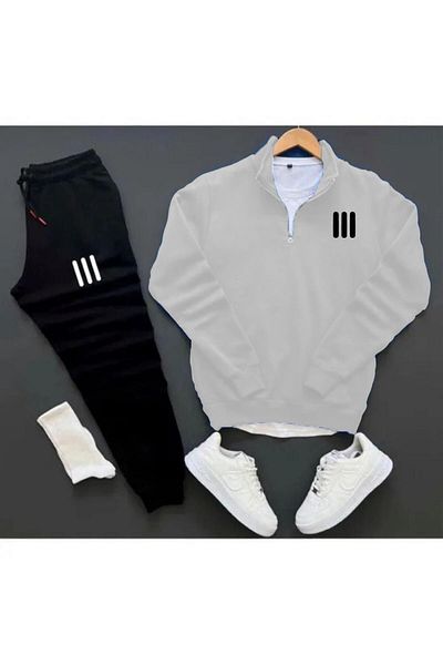 Moda Wear Unisex Three Line Printed Half Zipper Sweatshirt-Sweatpants Set Combination