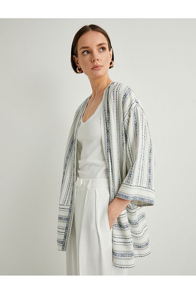 Koton Linen Blended Wide Half Sleeve Kimono - With Pockets