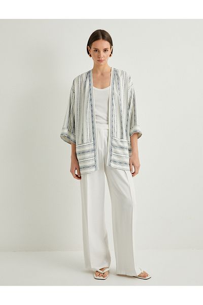 Koton Linen Blended Wide Half Sleeve Kimono - With Pockets
