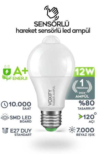 Voxify Hareket Sensörlü Led Lamba E27 Duy 12w Işık Lamba A Otomatik Led Ampül Hareket Algılayıcılı