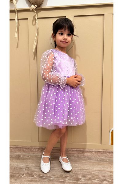penu baby kids Lilac Flower Detailed Three Quarter Sleeve Baby Girl Dress