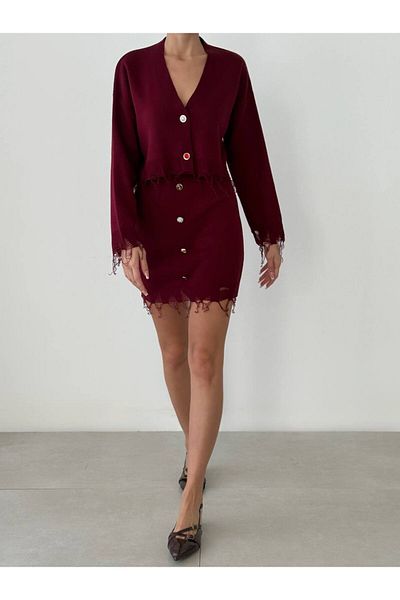 Lusin Burgundy Women's Knitwear Sweater and Skirt Set - Ripped Detail