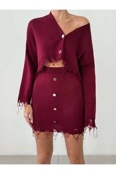 Lusin Burgundy Women's Knitwear Sweater and Skirt Set - Ripped Detail