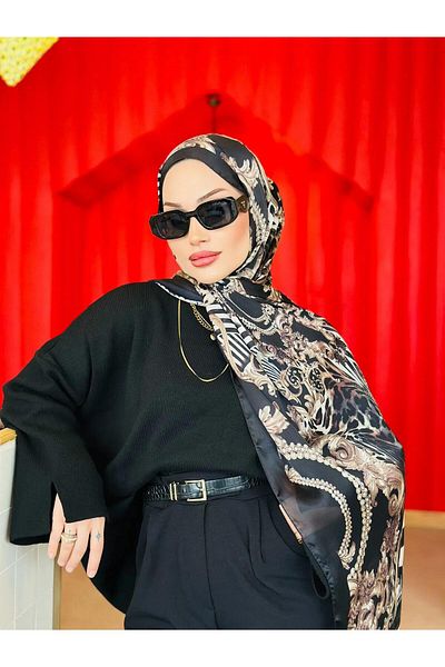 Organic Scarfs Pearl Shop Ethnic Leopard Patterned Imported Voile Silk Shawl - Black