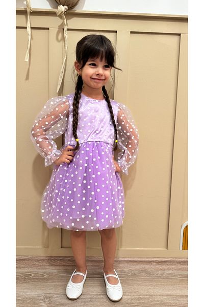 penu baby kids Lilac Flower Detailed Three Quarter Sleeve Baby Girl Dress