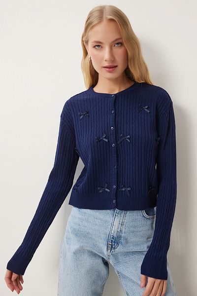 Lovelyİstanbul ALBASTRU ÎNCHIS LPF0084 - Cardigan tricot împletit cu fundă