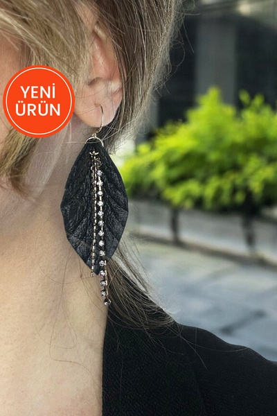 Siyah Hakiki Deri Yaprak Motifli Pirinç Zincir Taş Süslemeli Özel El İşçiliği Tasarım Küpe