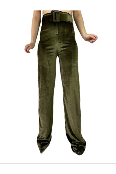 Şahika Gürkan To The Moon & Sun Kadife Geniş Paça Yağ Yeşili Pantolon