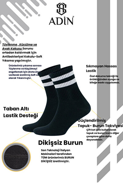 Adin Bambu 12 Çift Spor Çemberli Tenis Çorabı Dikişsiz Çorap Siyah 12 Çift