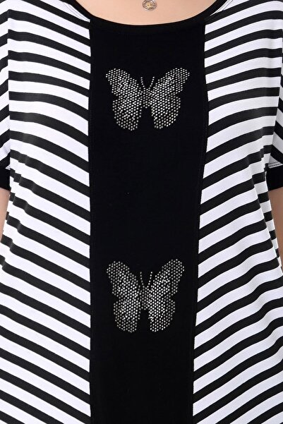 Kheos Κομψή ριγέ μπλούζα με λεπτομέρεια πεταλούδας - στρογγυλή λαιμόκοψη, κοντό μανίκι, μπλοκ, άνετη και χαλαρή