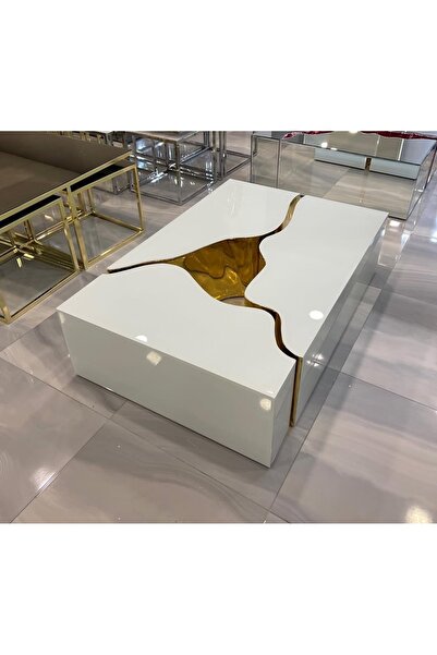 LUXURY VİLLA LUXURY BEYAZ CAMLI TEKERLEKLİ ORTA SEHPA 80X120 YÜKSEKLİK 32