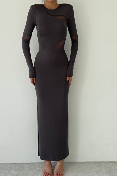 bayansepeti Фумарована еластична тканина, прозорі деталі, довгі рукави, розріз ззаду, максі-вечірня сукня 275