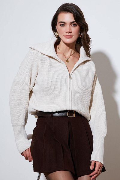 Lela Standard Fit Balloon Sleeve Zippered Thessaloniki Knitted Cardigan Cardigan 4615562