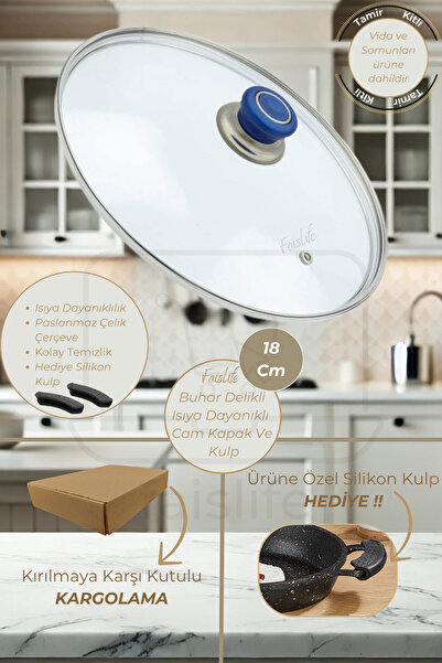 Faislife 18 Cm Cam Kapak Lacivert Tutma Tepesi Buhar Delikli Tüm Tencere Saha...