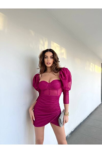 WellWay Simli Tül Kumaş Içi Astarlı Gögüs Gloplu Fermuarlı Kırmızı Mini Elbis...