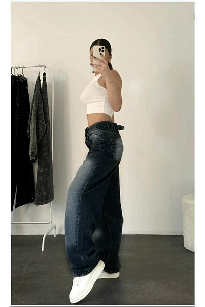 Trn JNS Aden Baggy, albastru închis, cu cataramă lavabilă, cu detaliu, cu picioare largi, blugi casual, blugi, pantaloni largi pentru femei
