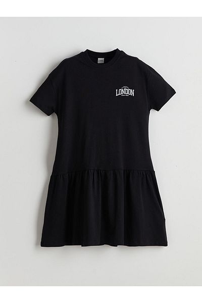 LC Waikiki Black Crew Neck London Printed Girl's Dress