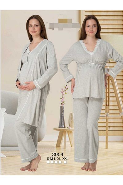 Lohussa Women's Cream Lace Special Design Cotton Combed Maternity Maternity Dressing Gown Pajamas Set Set
