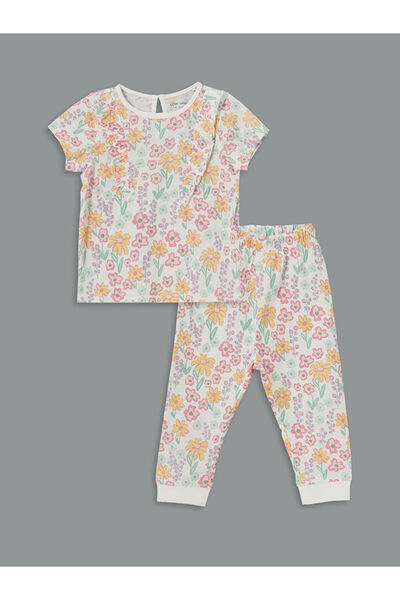 LC Waikiki Ecru Crew Neck Floral Baby Girl Pajama Set