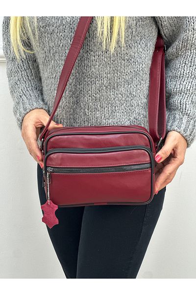 Deribag Piele autentică, mărime medie, curea încrucișată, geantă de umăr pentru femei, roșu claret 23*18*8 cm