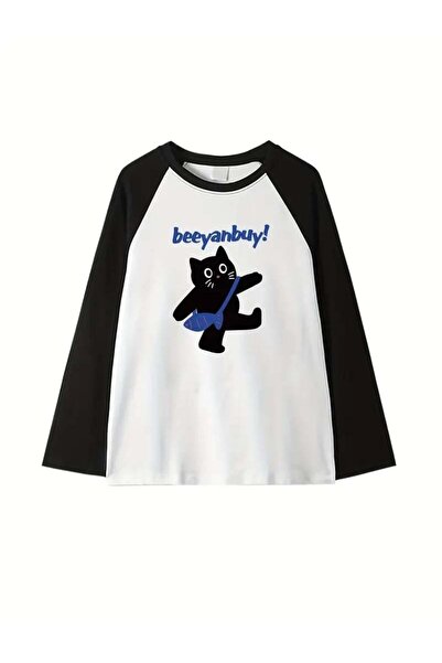 Touz Moda Black Cat Reglan Uzun Kollu Baskılı Beyaz T-Shirt