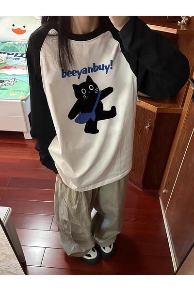 Touz Moda Μαύρο μακρυμάνικο μπλουζάκι Raglan με στάμπα λευκό