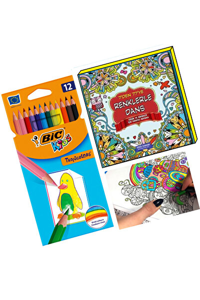 Bic Mandala Boyama Kitabı Yetişkinler için ve KBY Marka 12 Renk Kuru Boya Kalemi